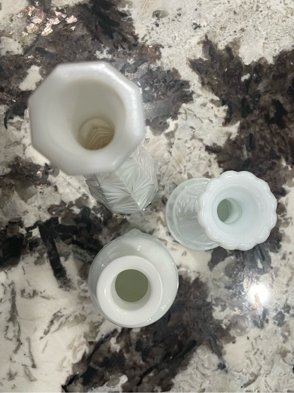 White Milk Glass Decorative Vases  Vintage - Set of 3 9”, 6”, 4.5” - Picture 6 of 12